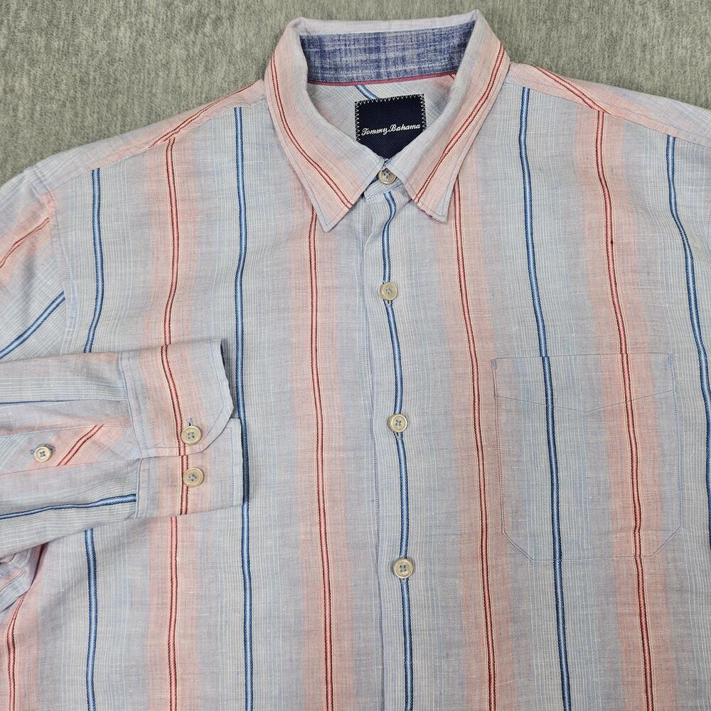 Tommy Bahama Shirt Mens Large Blue Red Striped Linen Blend Long Sleeve Casual